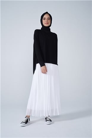 Şifon Astarlı Piliseli Etek Beyaz