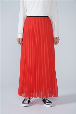 Şifon Astarlı Piliseli Etek Kırmızı