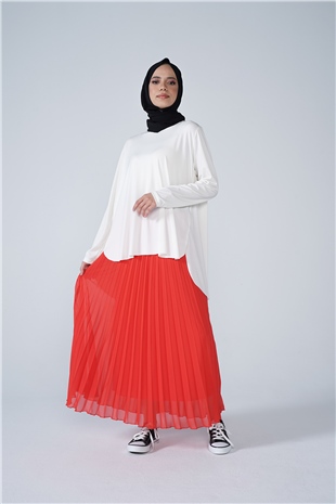 Şifon Astarlı Piliseli Etek Kırmızı