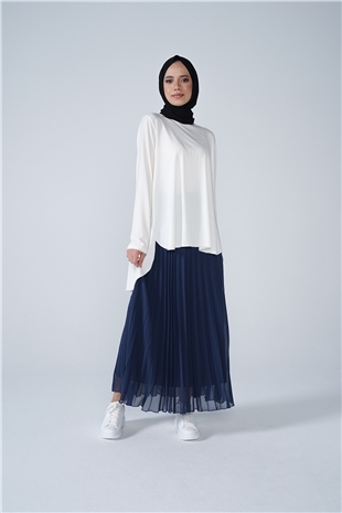 Şifon Astarlı Piliseli Etek Koyu Mavi