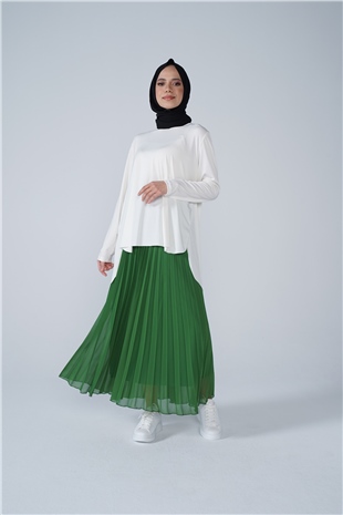 Şifon Astarlı Piliseli Etek Koyu Yeşil