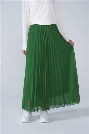 Şifon Astarlı Piliseli Etek Koyu Yeşil