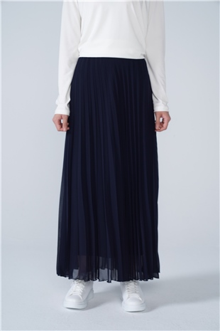 Şifon Astarlı Piliseli Etek Lacivert