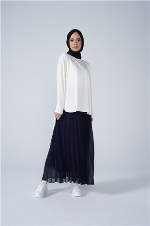 Şifon Astarlı Piliseli Etek Lacivert