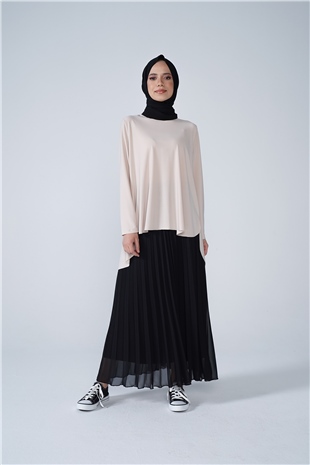 Şifon Astarlı Piliseli Etek Siyah