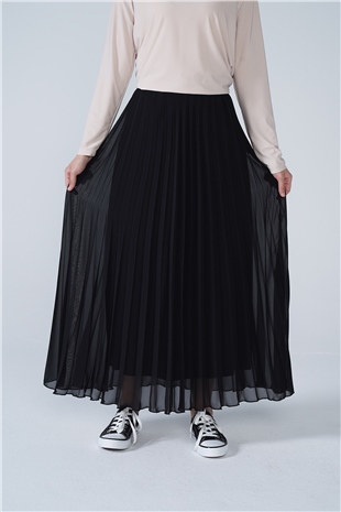 Şifon Astarlı Piliseli Etek Siyah