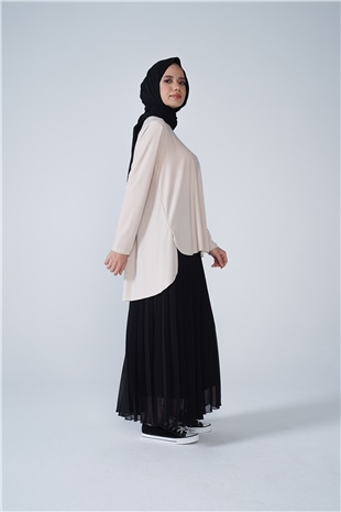 Şifon Astarlı Piliseli Etek Siyah