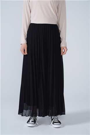 Şifon Astarlı Piliseli Etek Siyah