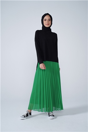 Şifon Astarlı Piliseli Etek Yeşil