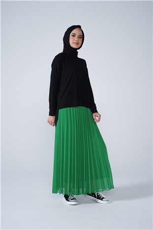 Şifon Astarlı Piliseli Etek Yeşil