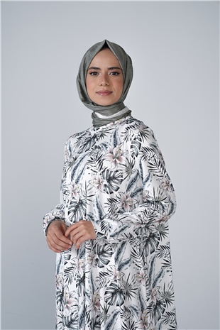 Yaprak Desen Mikro Kumaş Uzun Vera Elbise Yeşil