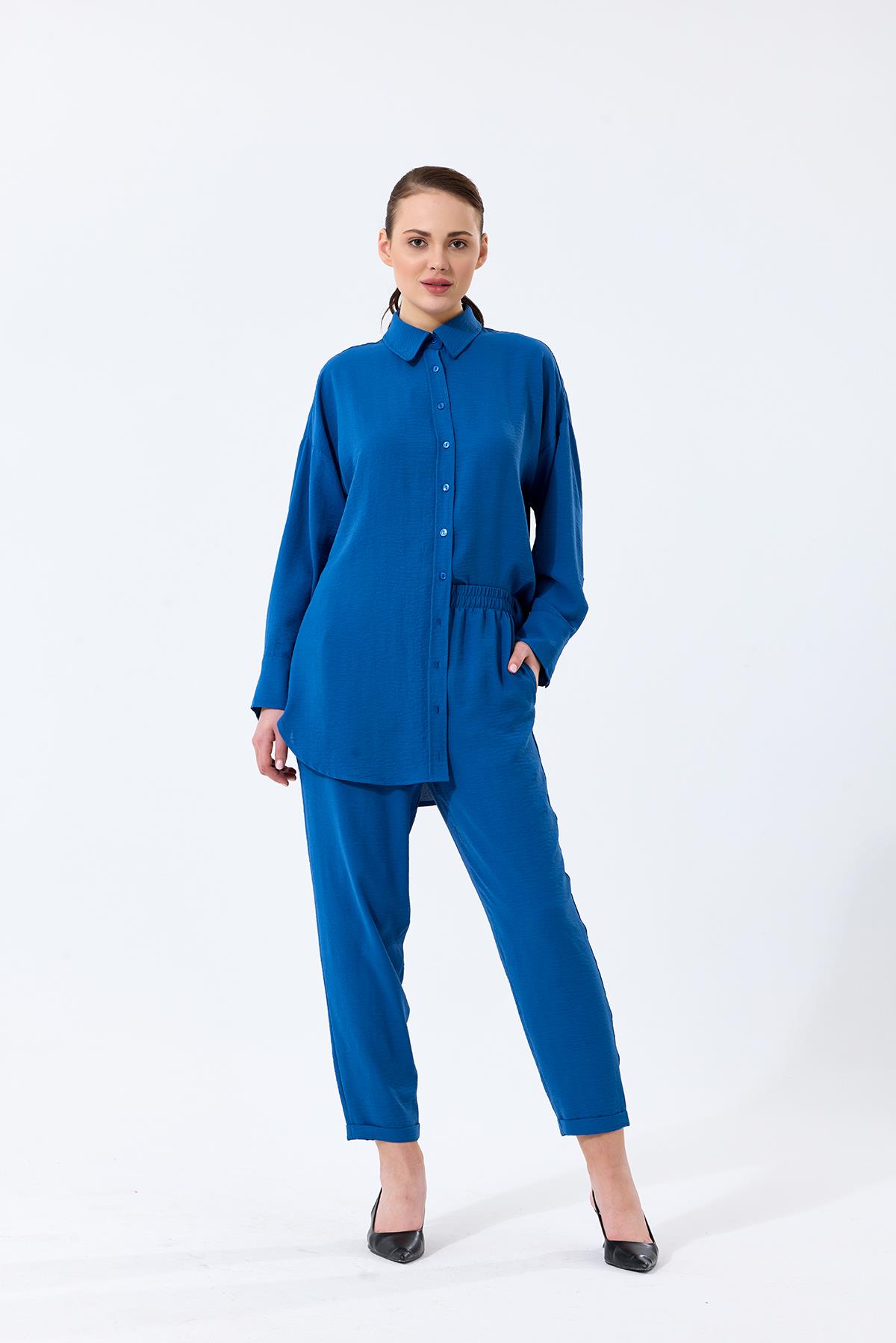 Aerobin Kumaş Gömlek Yaka Düğmeli Dar Paça Pantolon Cep Detaylı Lotus İkili Takım Mavi
