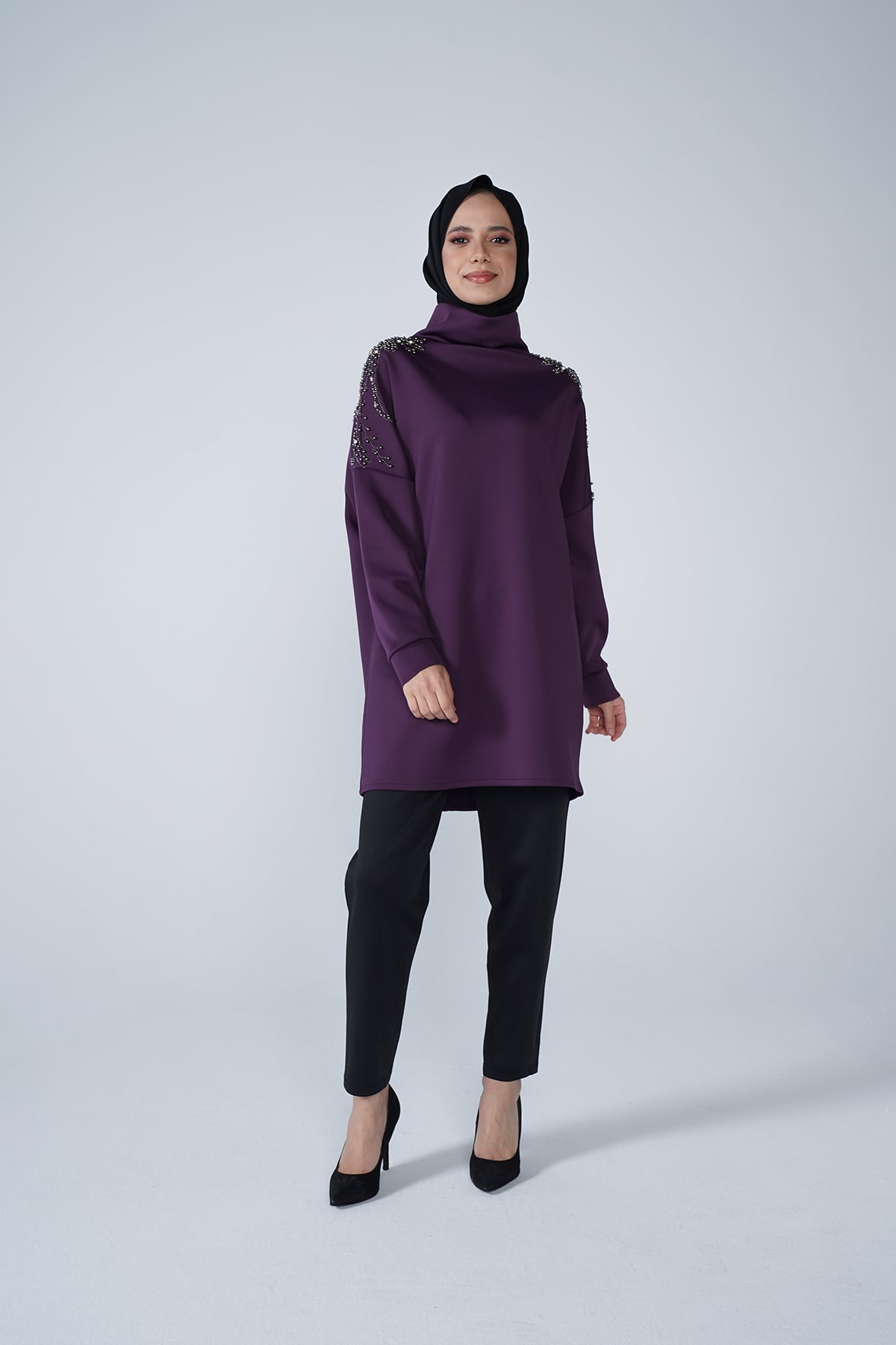 Omuz Taş İşlemeli Yüksek Yaka Diamond Tunik Mor