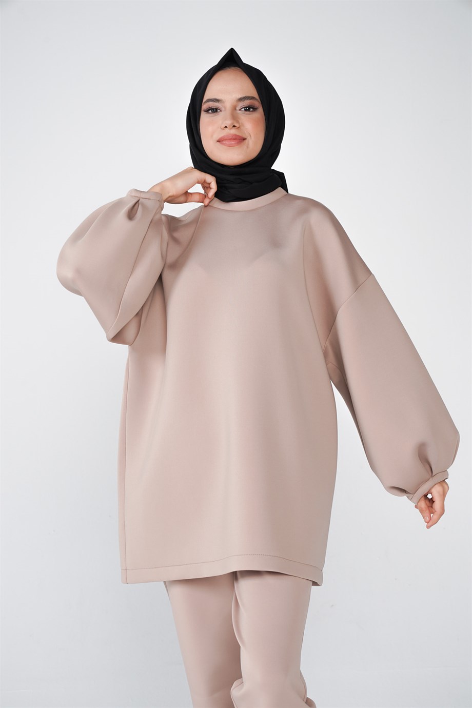 Scuba Kumaş Balon Kol Bisiklet Yaka Bubble Basic Tunik Vizon