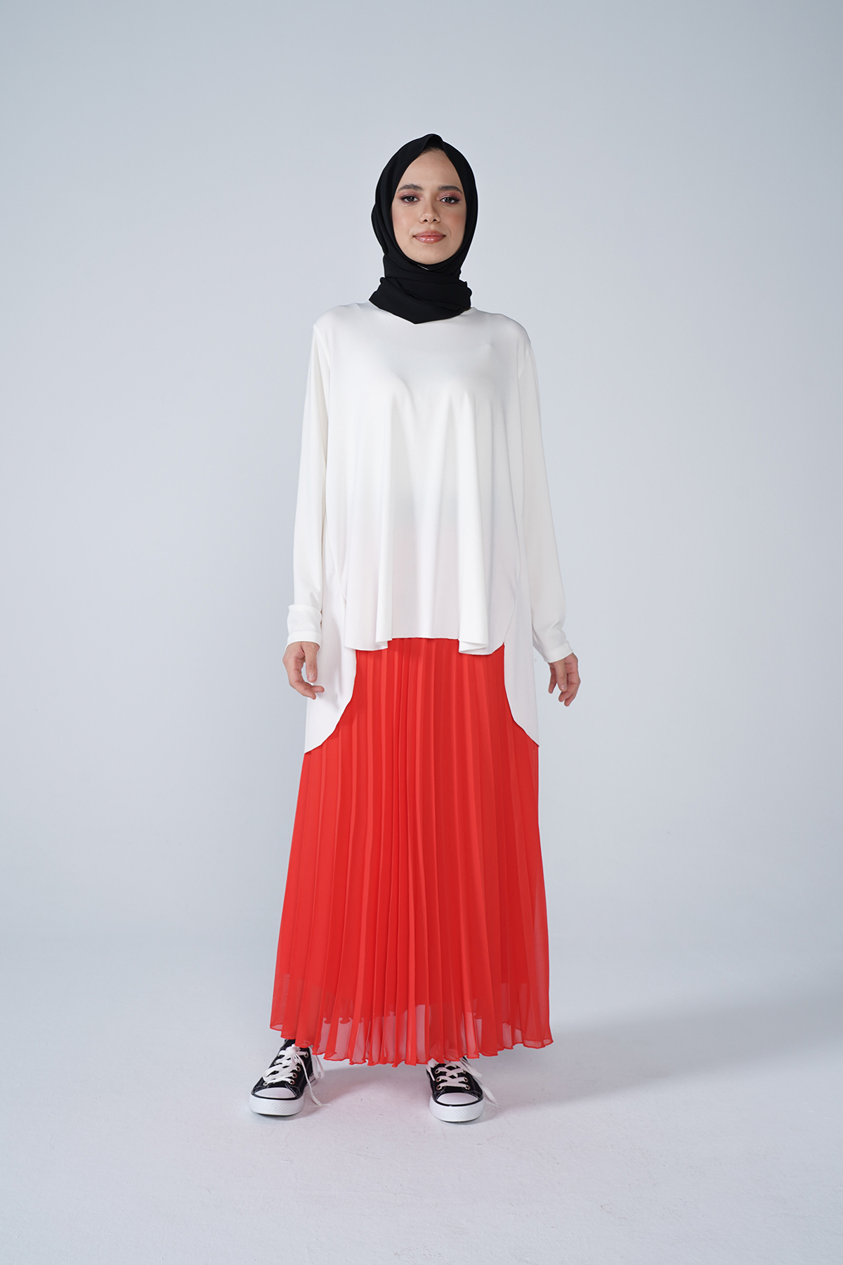 Şifon Astarlı Piliseli Etek Kırmızı