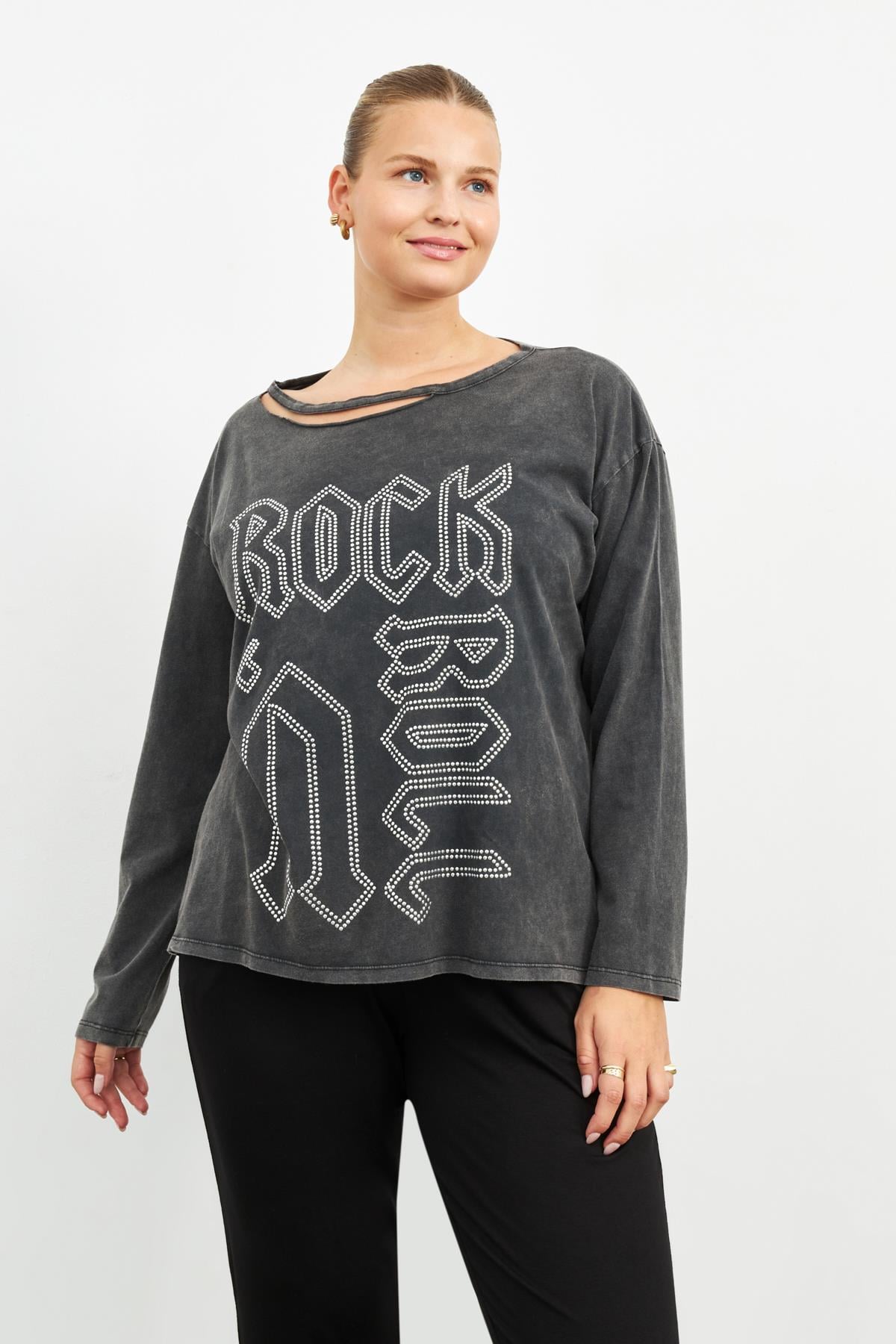 ANTRASİT UZUN KOL ROCK TAŞLI T-SHIRT | curly