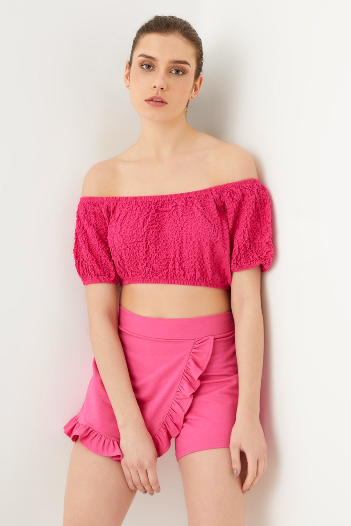 FUŞYA BÜRÜMCÜKLÜ KISA BLUZ | curly