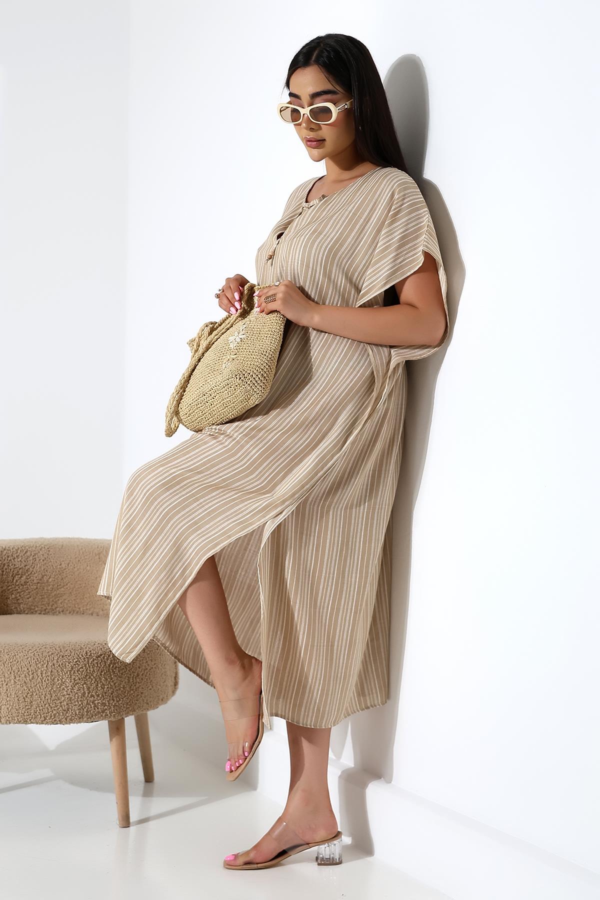BEJ ÇİZGİLİ KAFTAN ELBİSE | curly