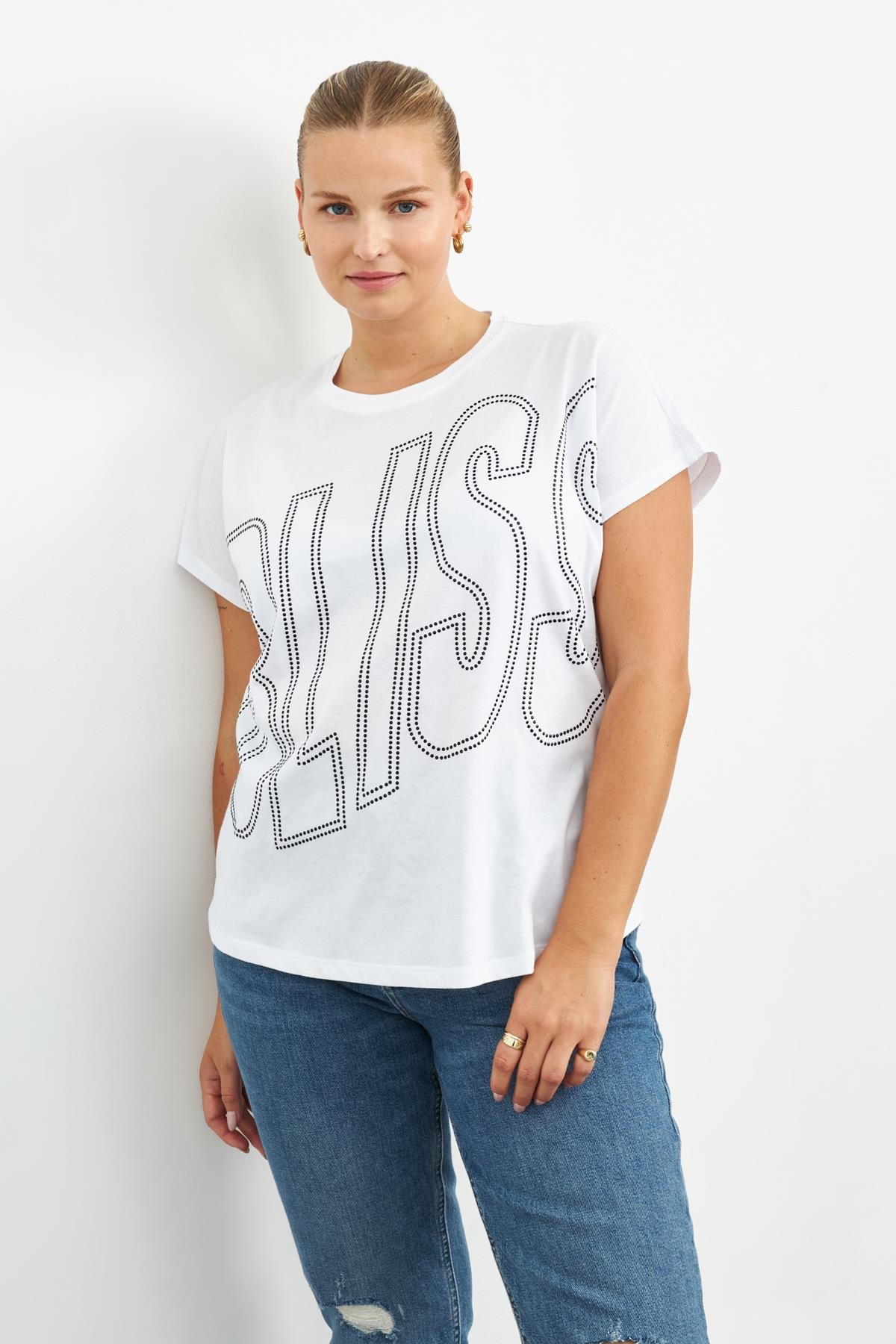 BEYAZ RENK TAŞLI T-SHIRT | curly