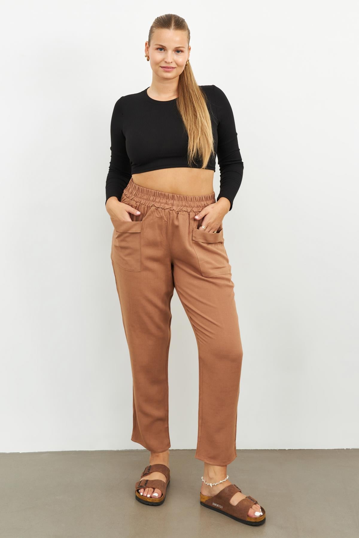 CAMEL BOL CEPLİ KETEN PANTOLON | curly