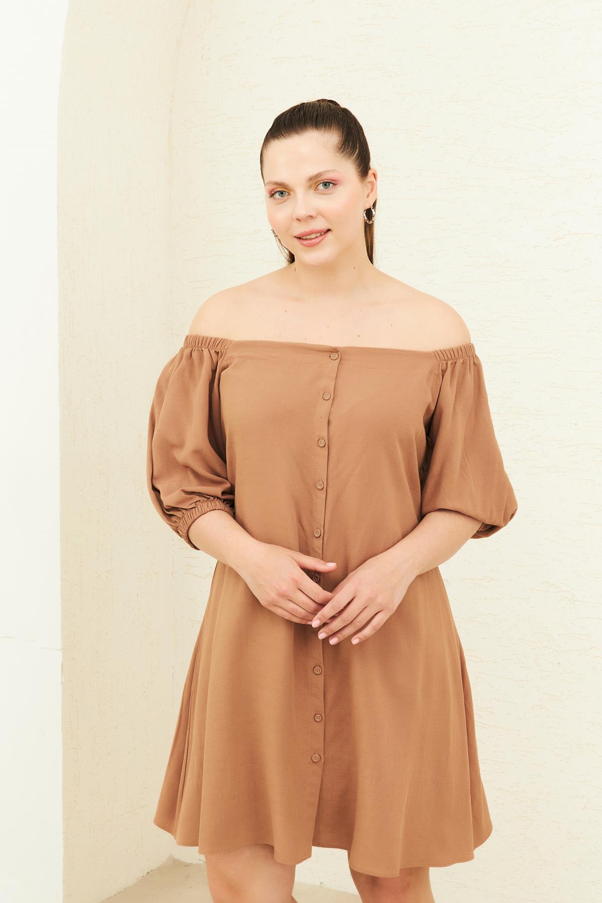 CAMEL DÜĞMELİ KETEN ELBİSE | curly