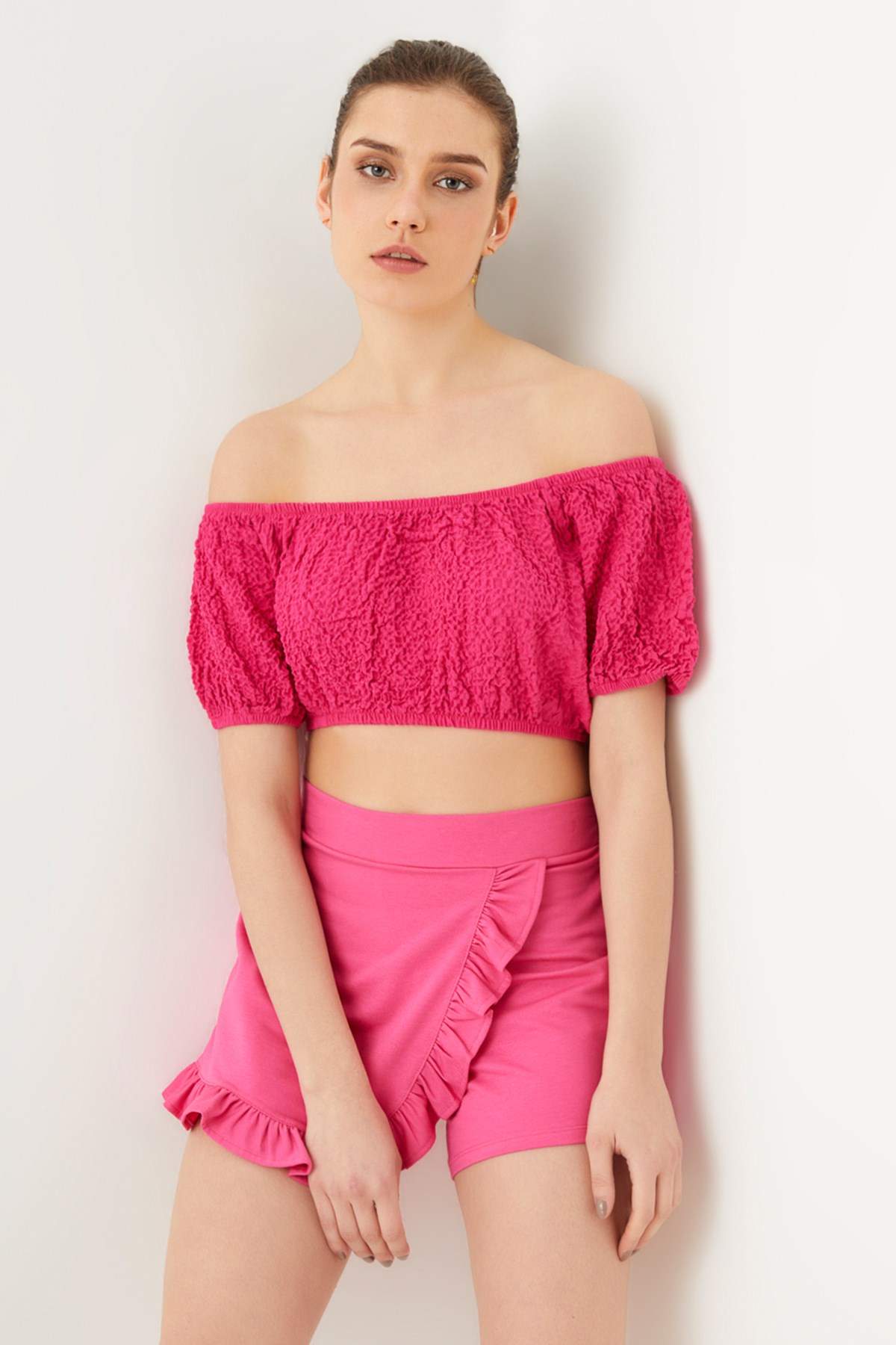 FUŞYA BÜRÜMCÜKLÜ KISA BLUZ | curly