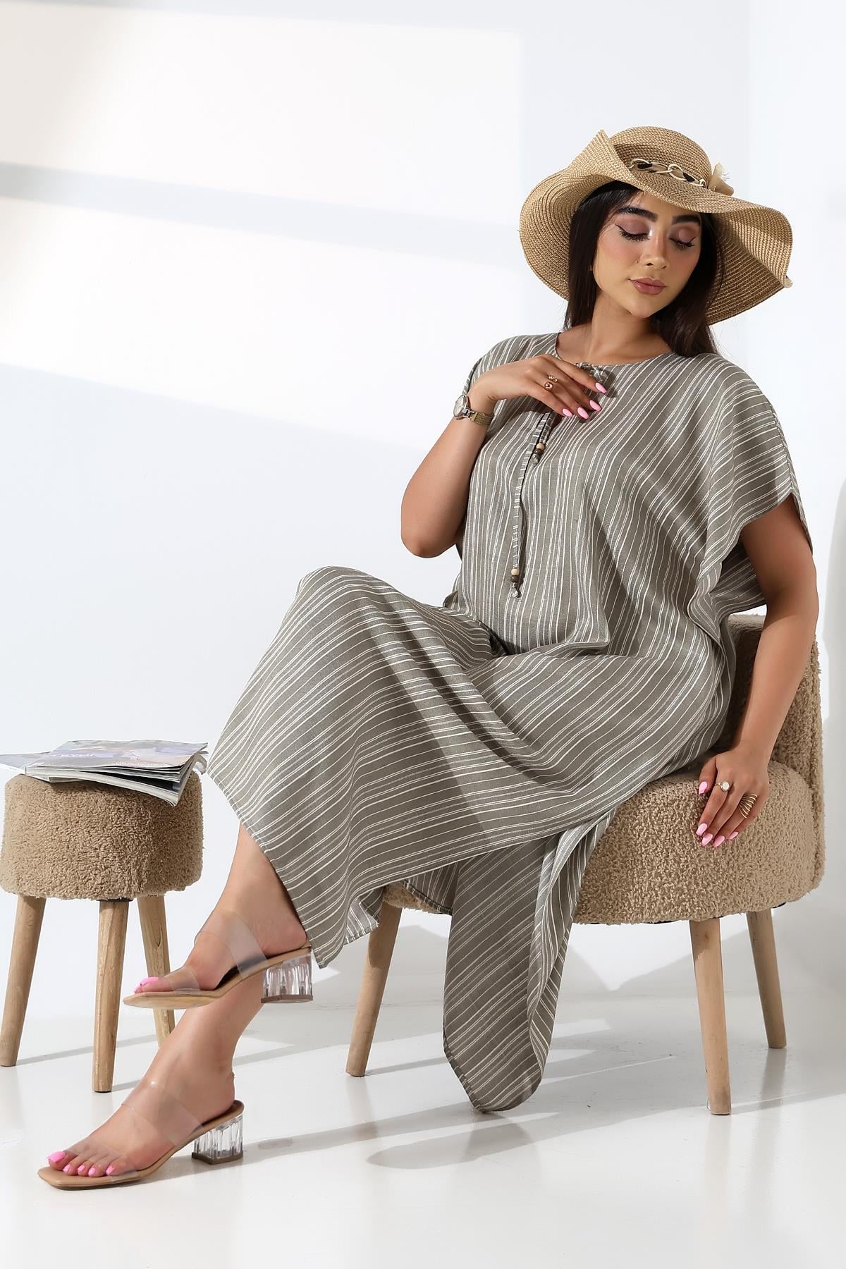 HAKİ ÇİZGİLİ KAFTAN ELBİSE | curly