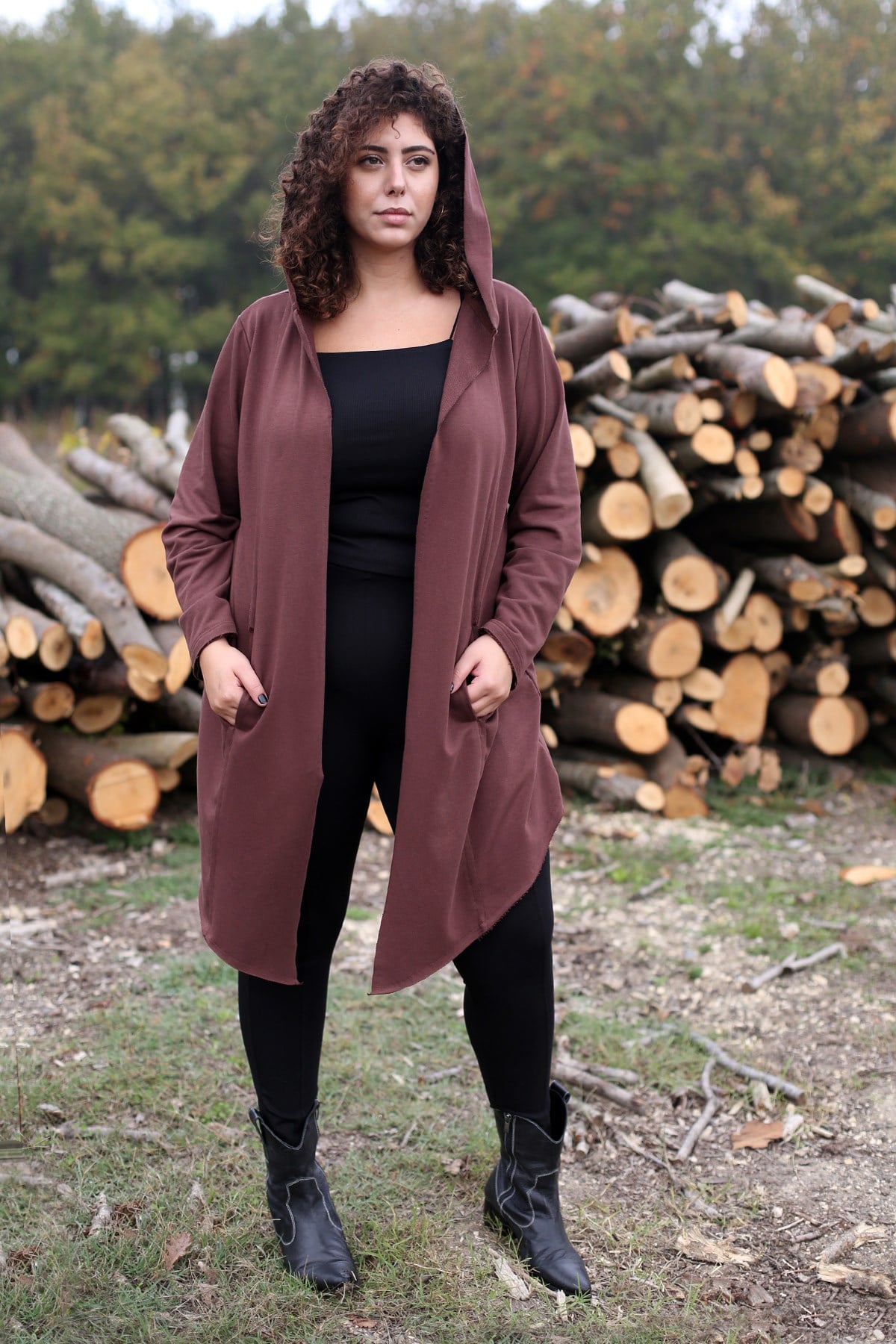 KAHVERENGİ, ÖNÜ AÇIK, KAPÜŞONLU SWEATSHIRT | curly