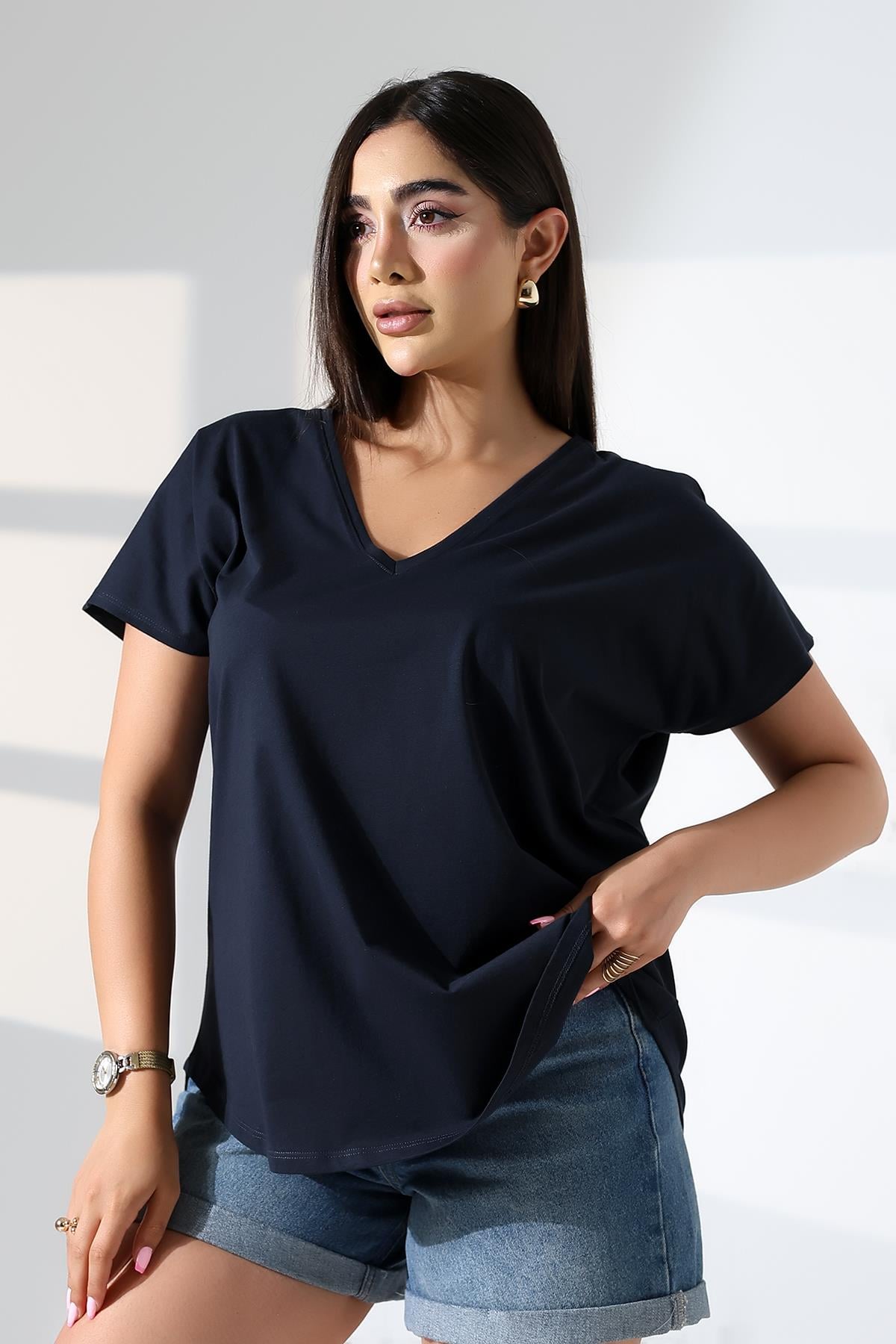 LACİVERT V YAKA T-SHIRT | curly