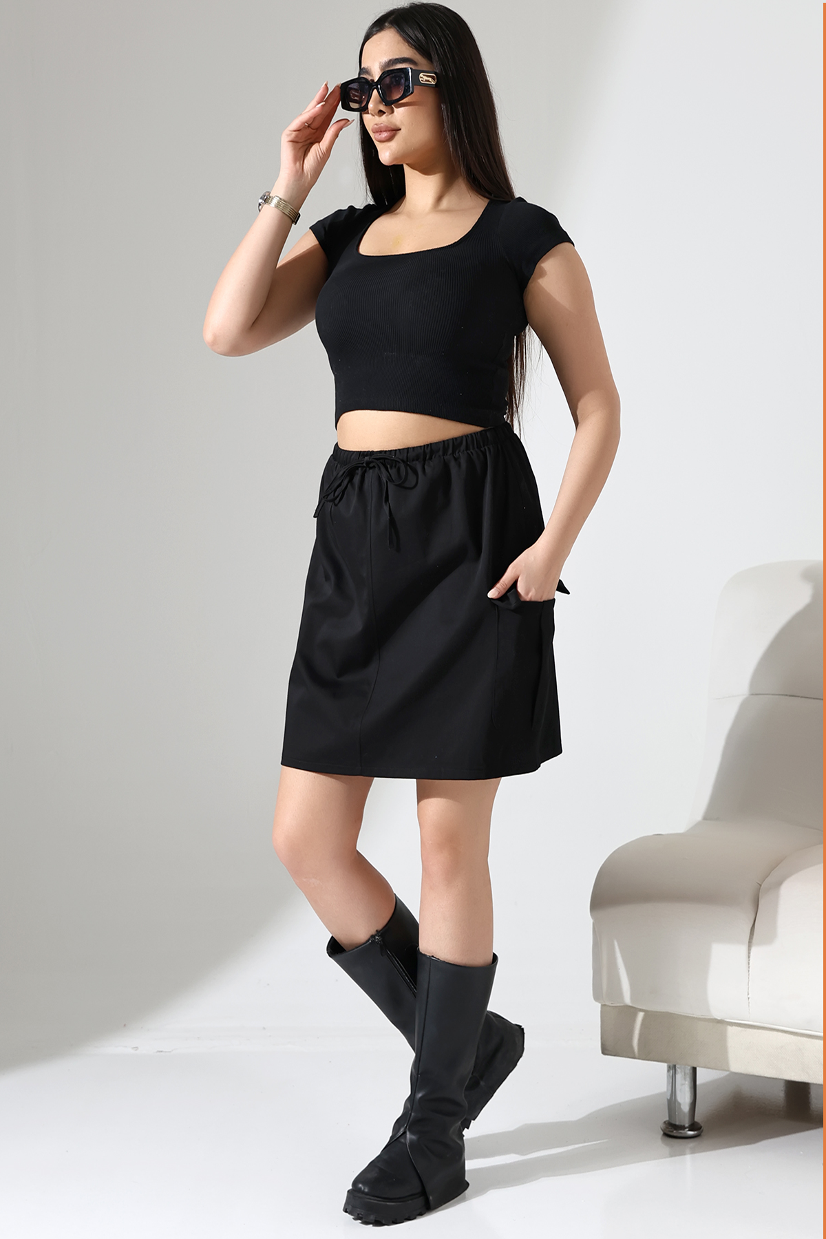 SİYAH MİNİ KARGO ETEK | curly