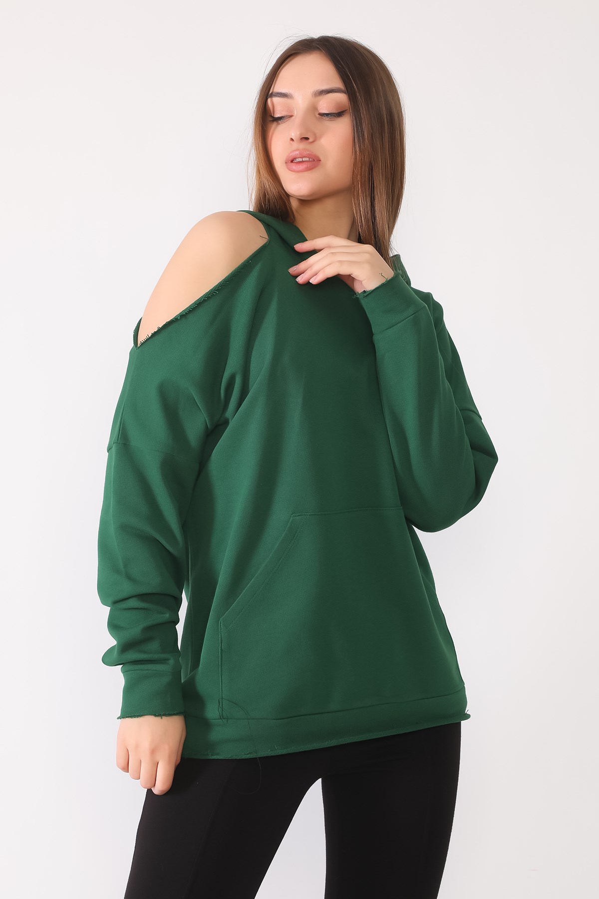 YEŞİL, TEK OMUZU AÇIK SWEATSHIRT | curly