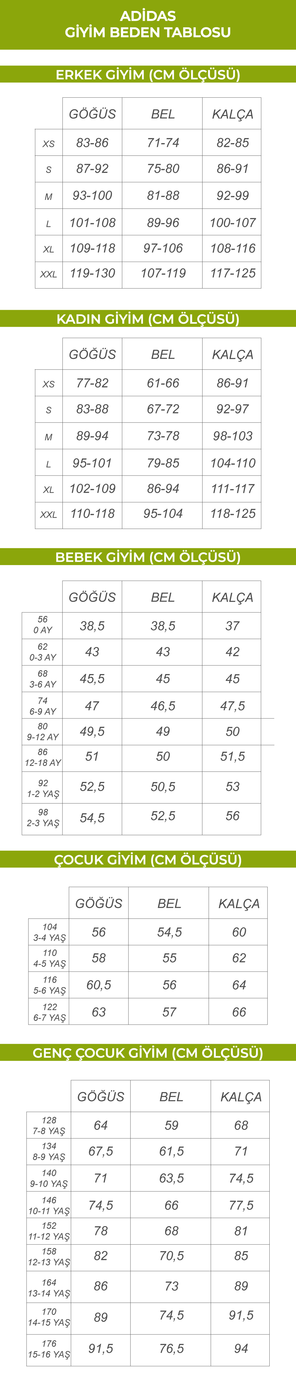 Adidas Giyim Beden Tablosu