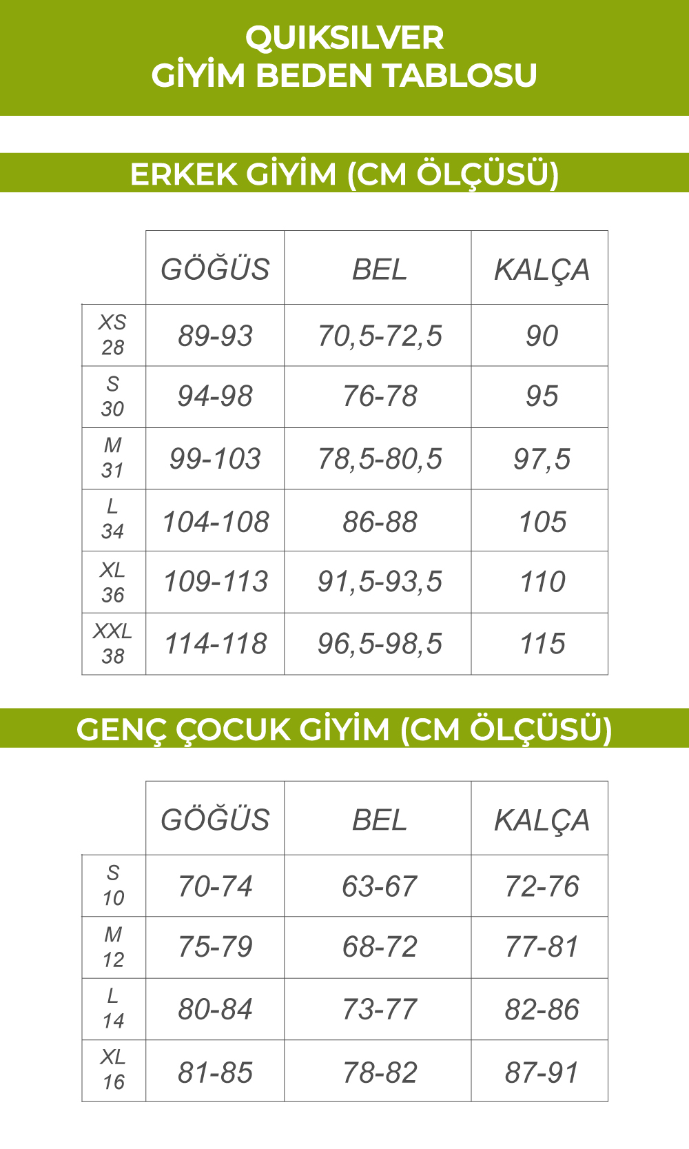 Quiksilver Giyim Beden Tablosu