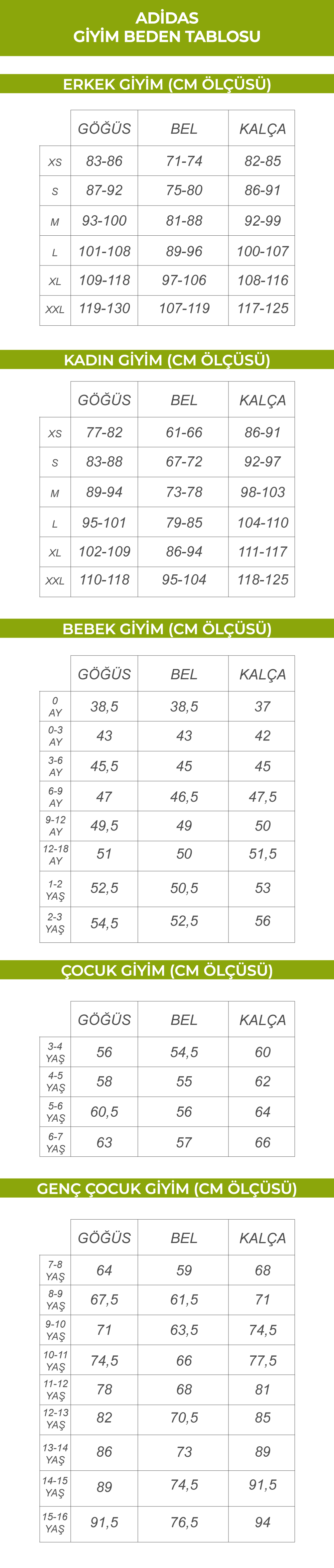 Adidas Giyim Beden Tablosu