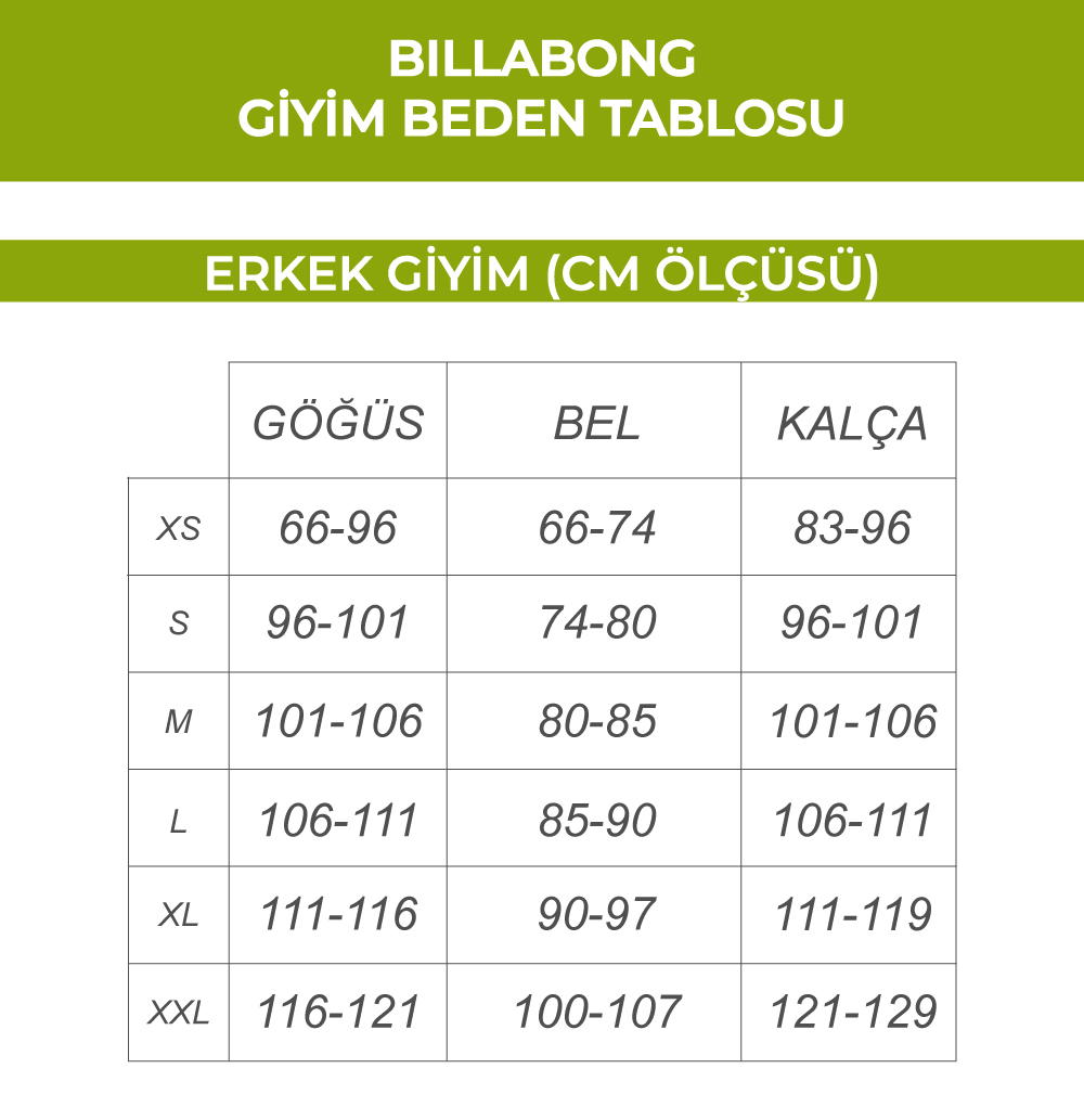 Billabong Giyim Beden Tablosu