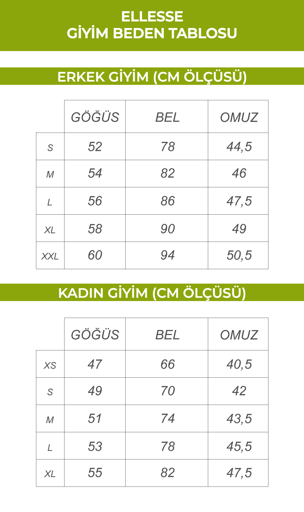 Ellesse Giyim Beden Tablosu