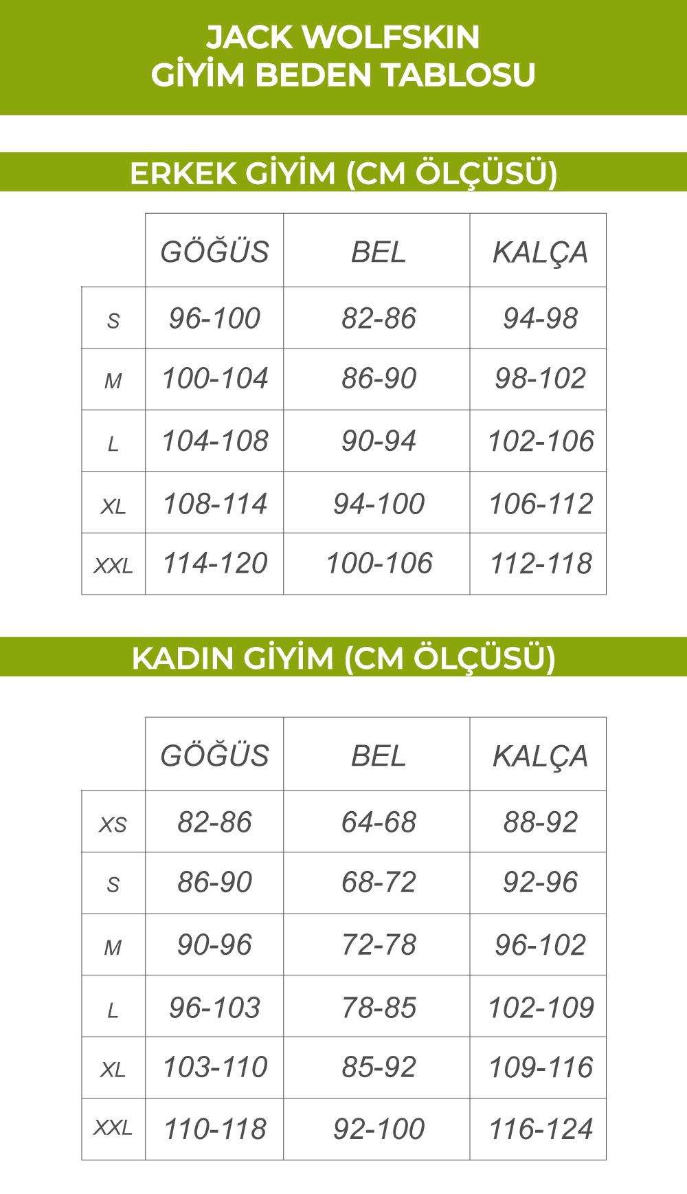Jack Wolfskin Giyim Beden Tablosu