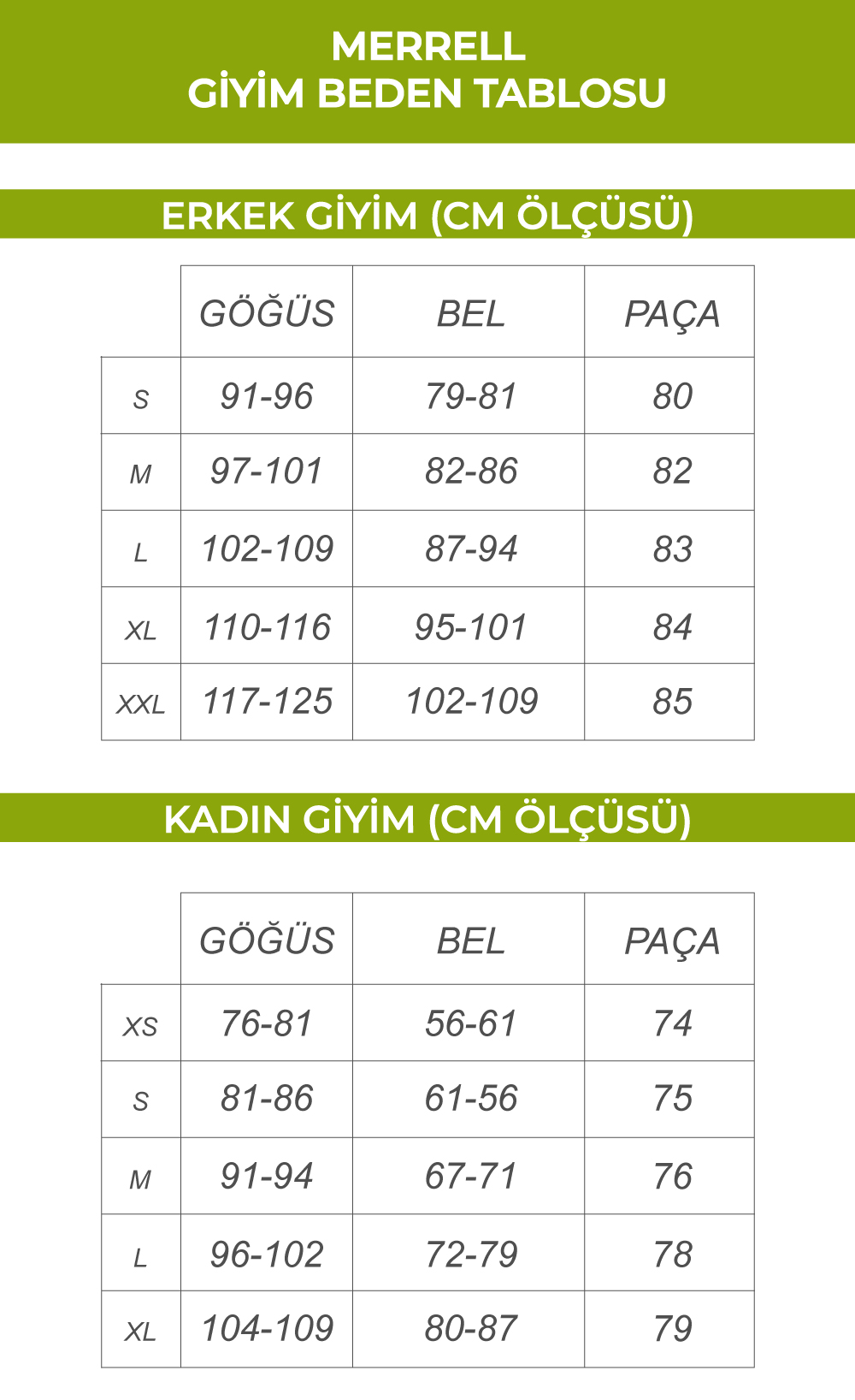 Merrell Giyim Beden Tablosu