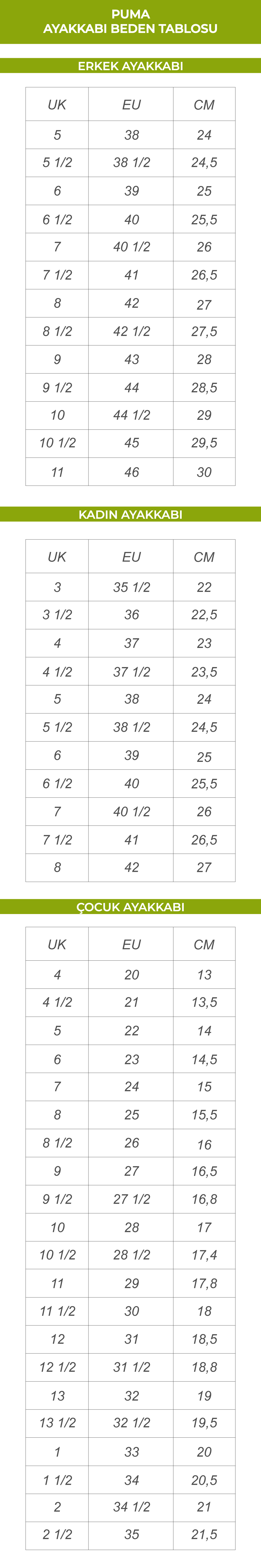 Puma Ayakkabı Beden Tablosu