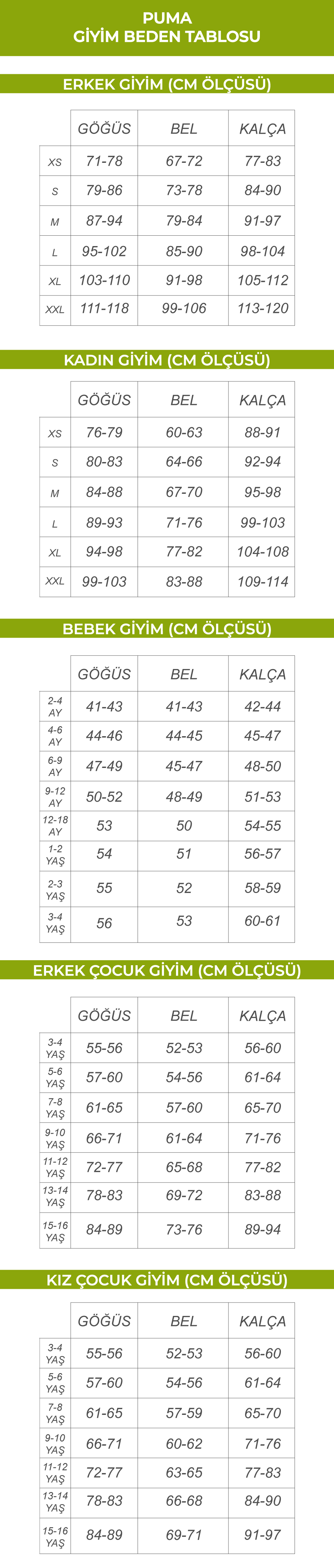 Puma Giyim Beden Tablosu