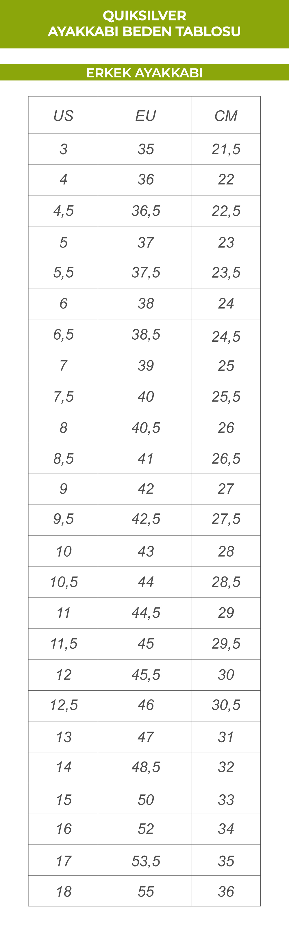 Quiksilver Ayakkabı Beden Tablosu