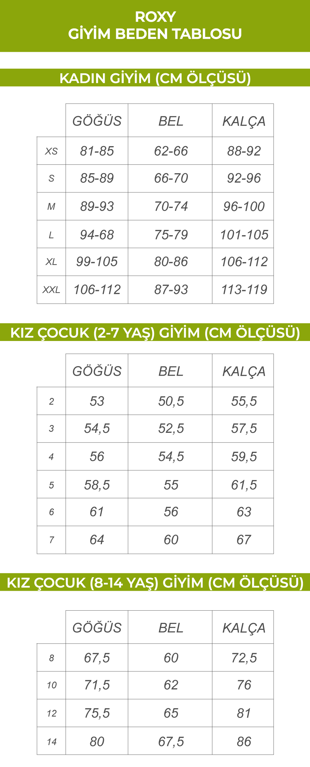 Roxy Giyim Beden Tablosu