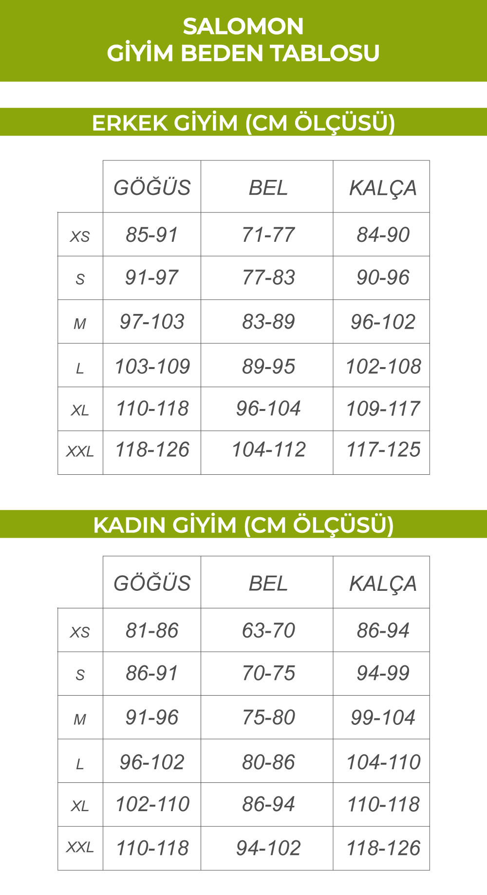 Salomon Giyim Beden Tablosu