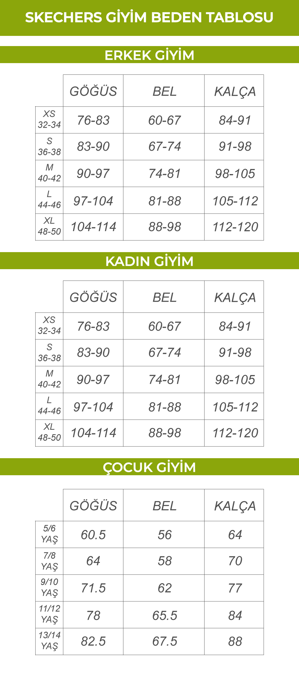 Skechers Giyim Beden Tablosu