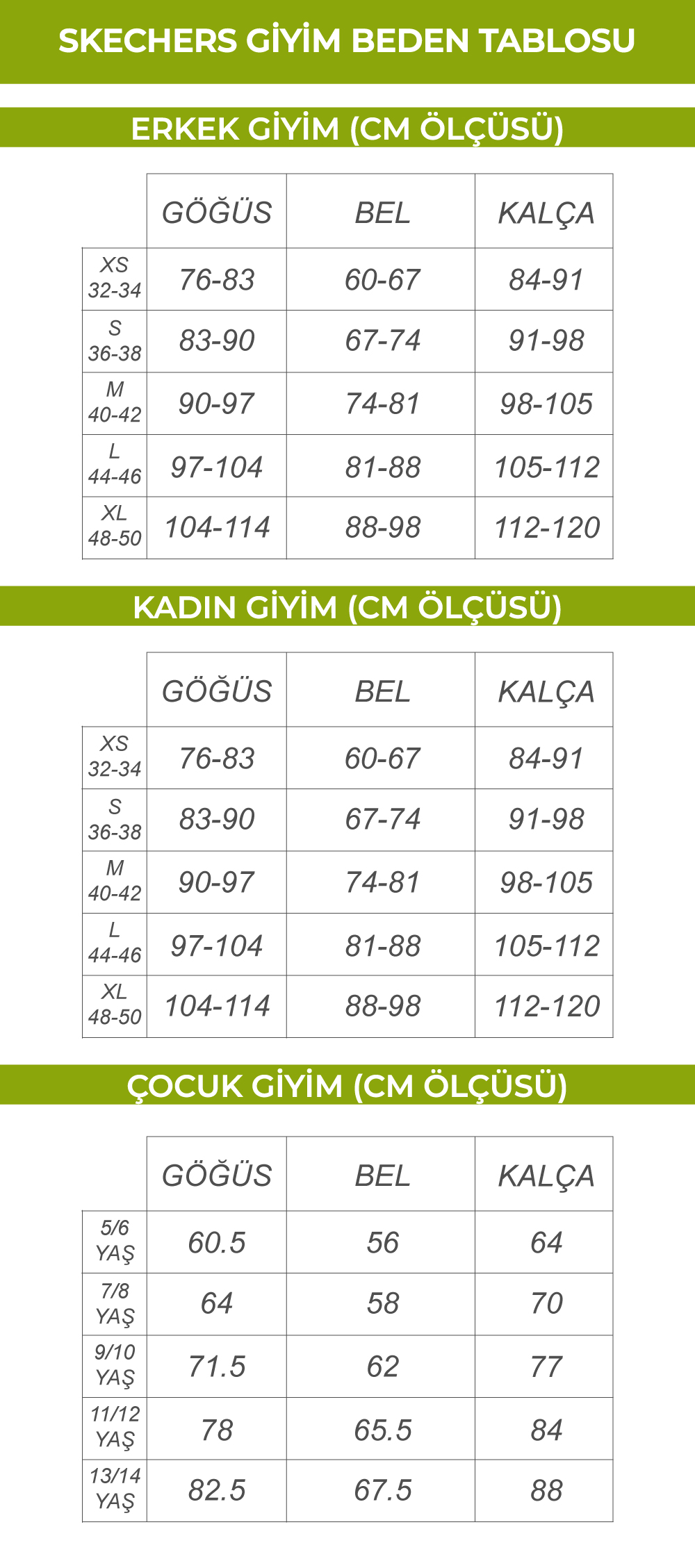 Skechers Giyim Beden Tablosu