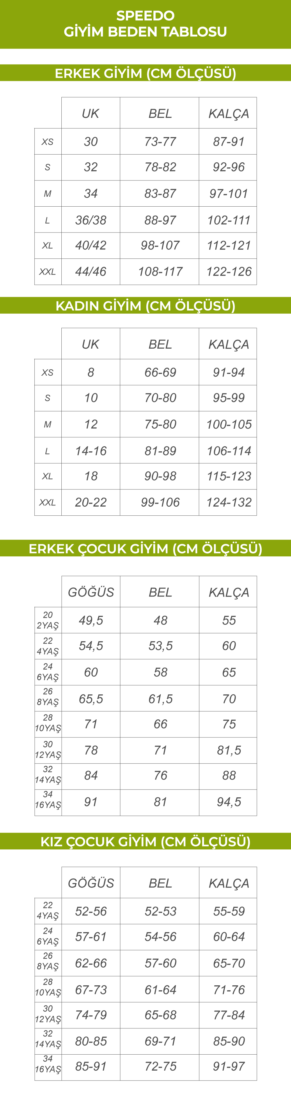 Speedo Giyim Beden Tablosu