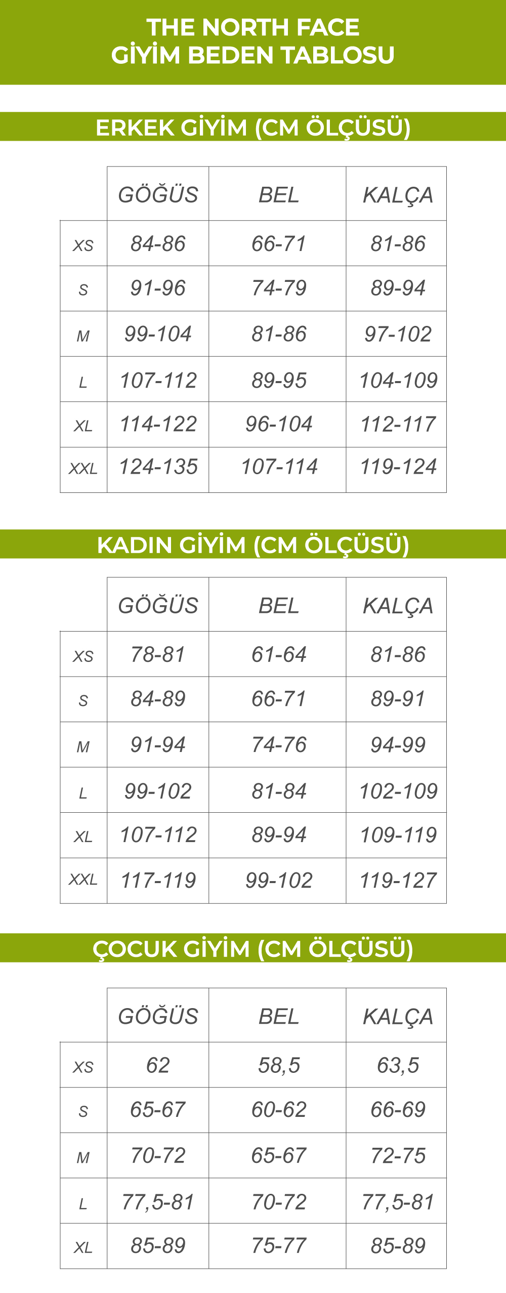 The North Face Giyim Beden Tablosu