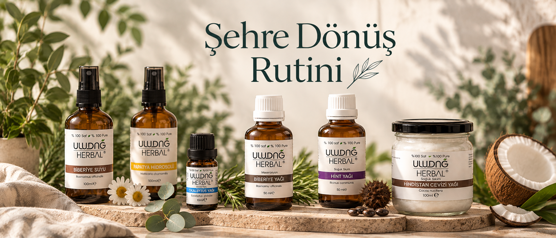 Şehre dönüş rutini için bitkisel yağlar ve doğal bakım ürünleri