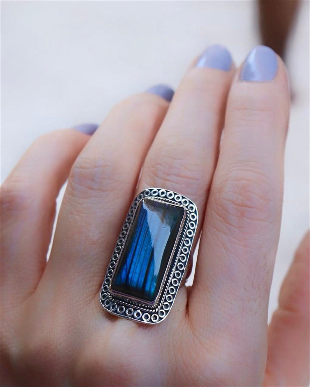 Labradorit Taşlı Dikdörtgen Yüzük 