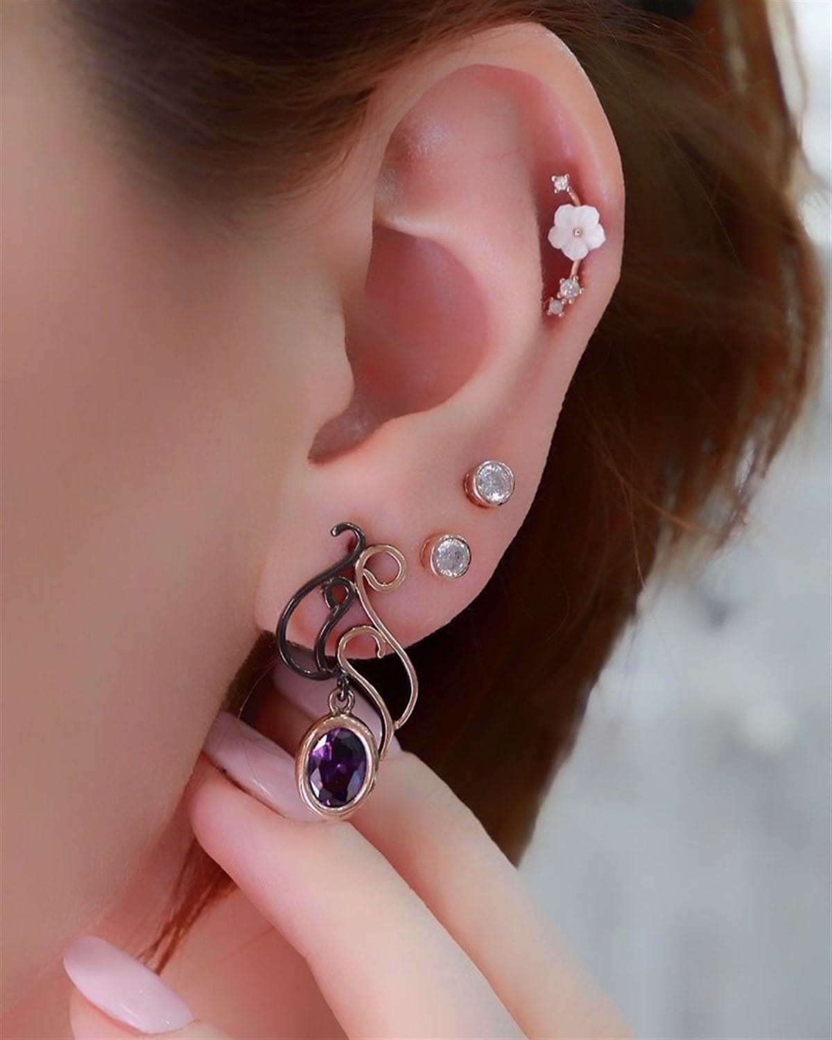 Oval Ametist Taşlı Küpe